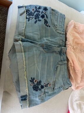 Arizona Jean Company Light Blue Denim Shorts with Navy Floral Embroidery